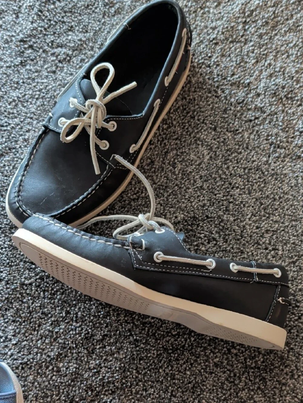 Sebago Navy Leather Boat Shoes with White Laces